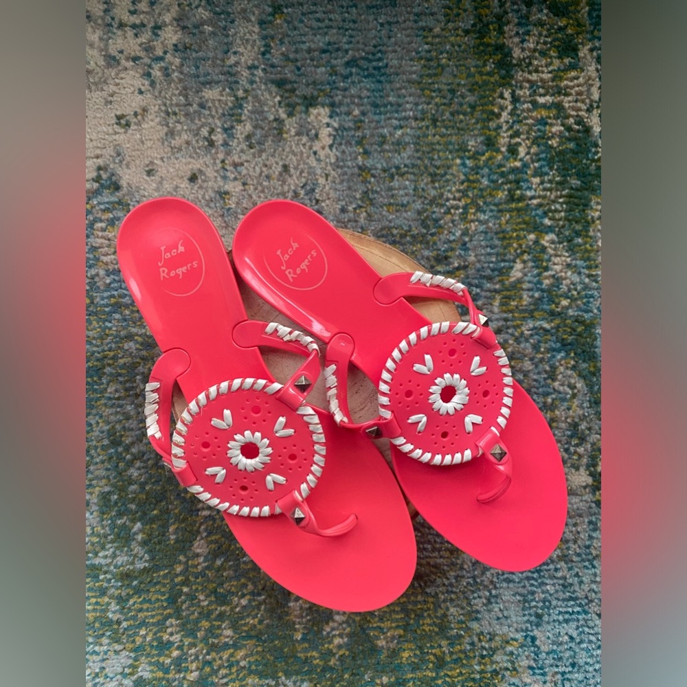 Jack Rogers Georgica pink white woven jelly thong sandals, size 11M